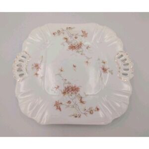 Vintage Leonard Vienna, Austria Porcelain Serving Plate, Floral w Cutout Handles